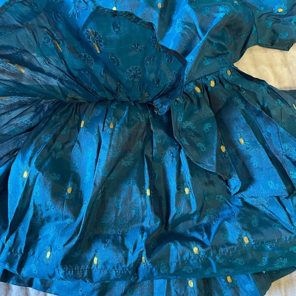 Girls Sweet Teal Gold Embroidered Silky Paisley Ruffled Tea Party Dress Frock